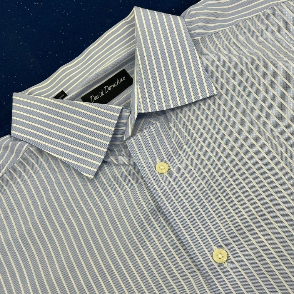 David Donahue Dress Shirt Mens 17.5 34/35 Blue White Striped Cotton Long Sleeve